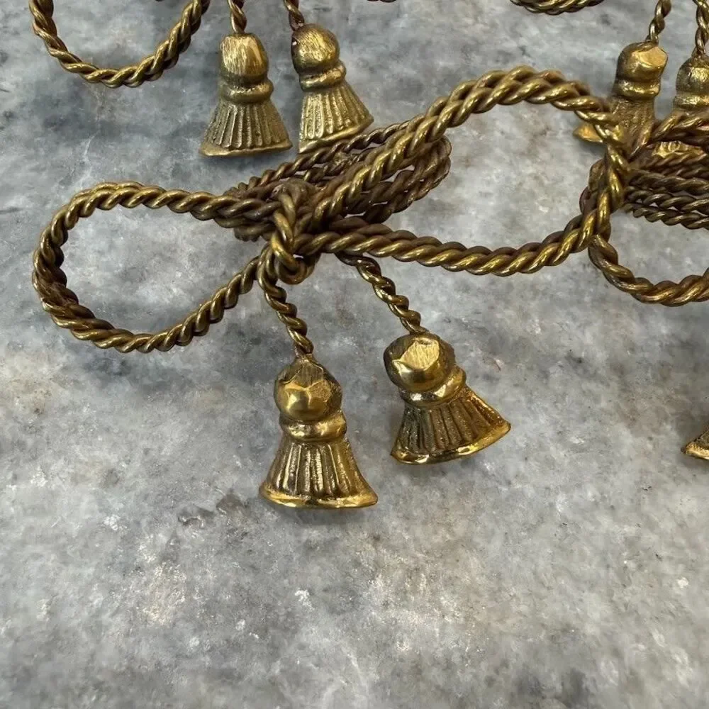 Set of 9 Vintage Brass Twisted Coiled Rope Bow and Tassel Napkin Rings